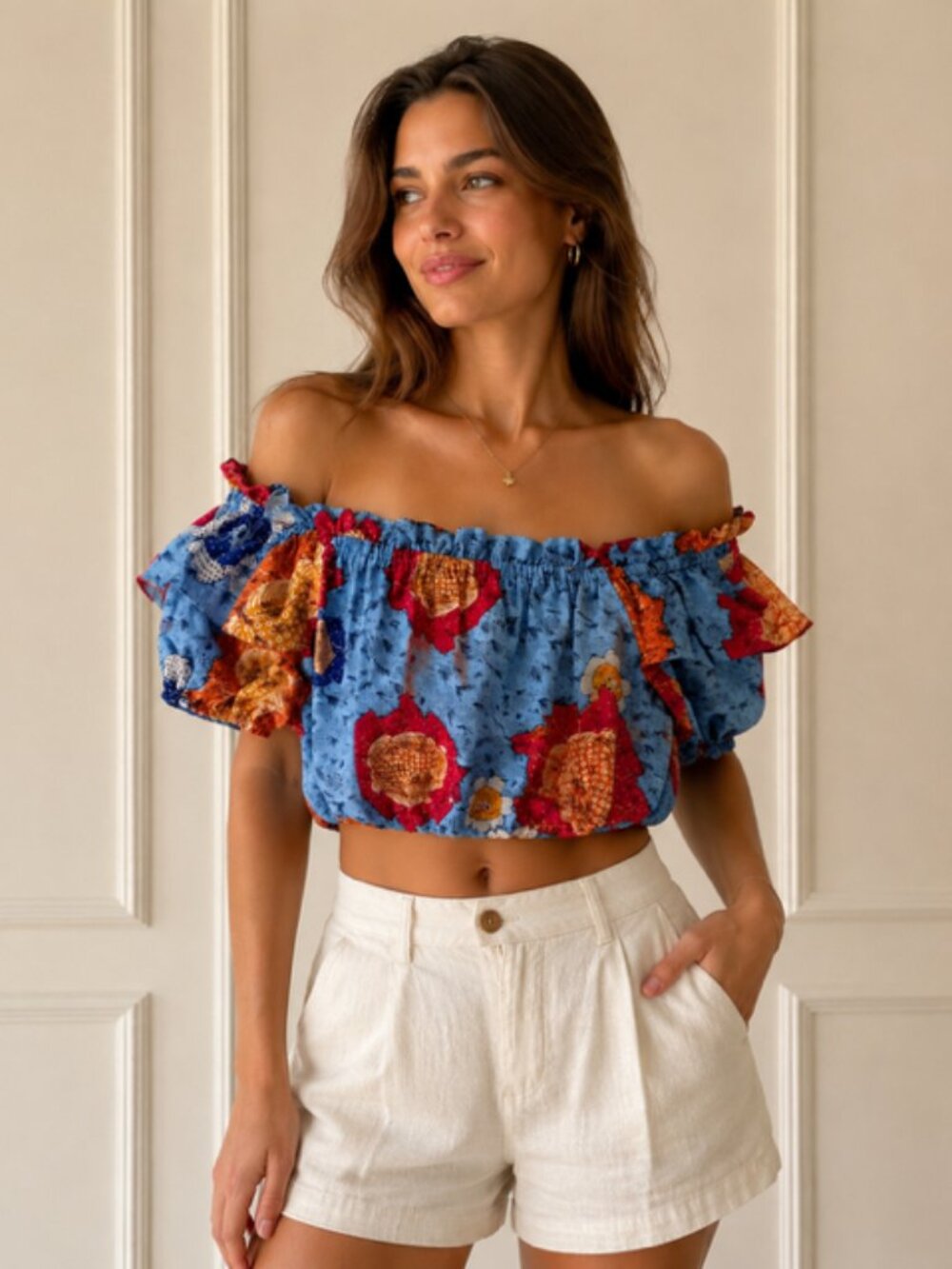 INC International Concepts Off-the-shoulder floral tiered ruffle cotton top M